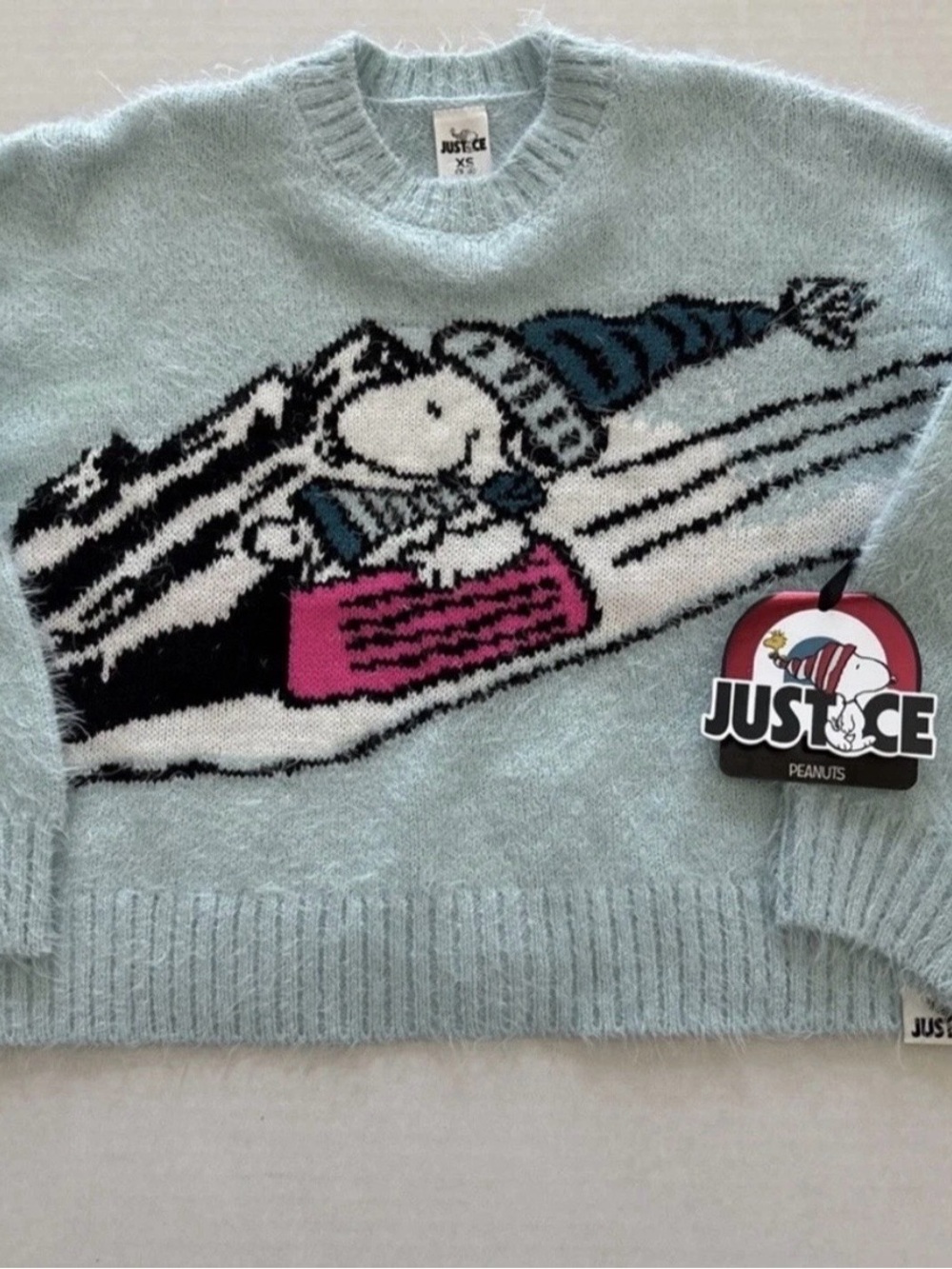 Justice Snoopy Woodstock Peanuts Sledding Sweater Light Blue Girls Size XS 5/6